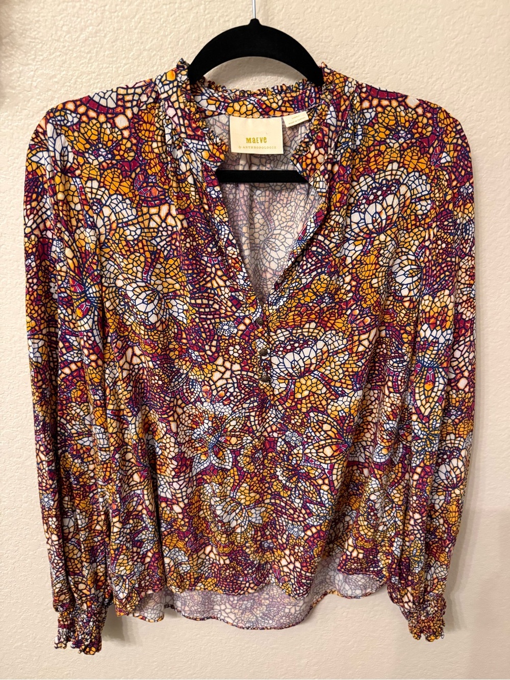 Maeve Mosaic Floral V-Neck Blouse in Purple, Mustard & White